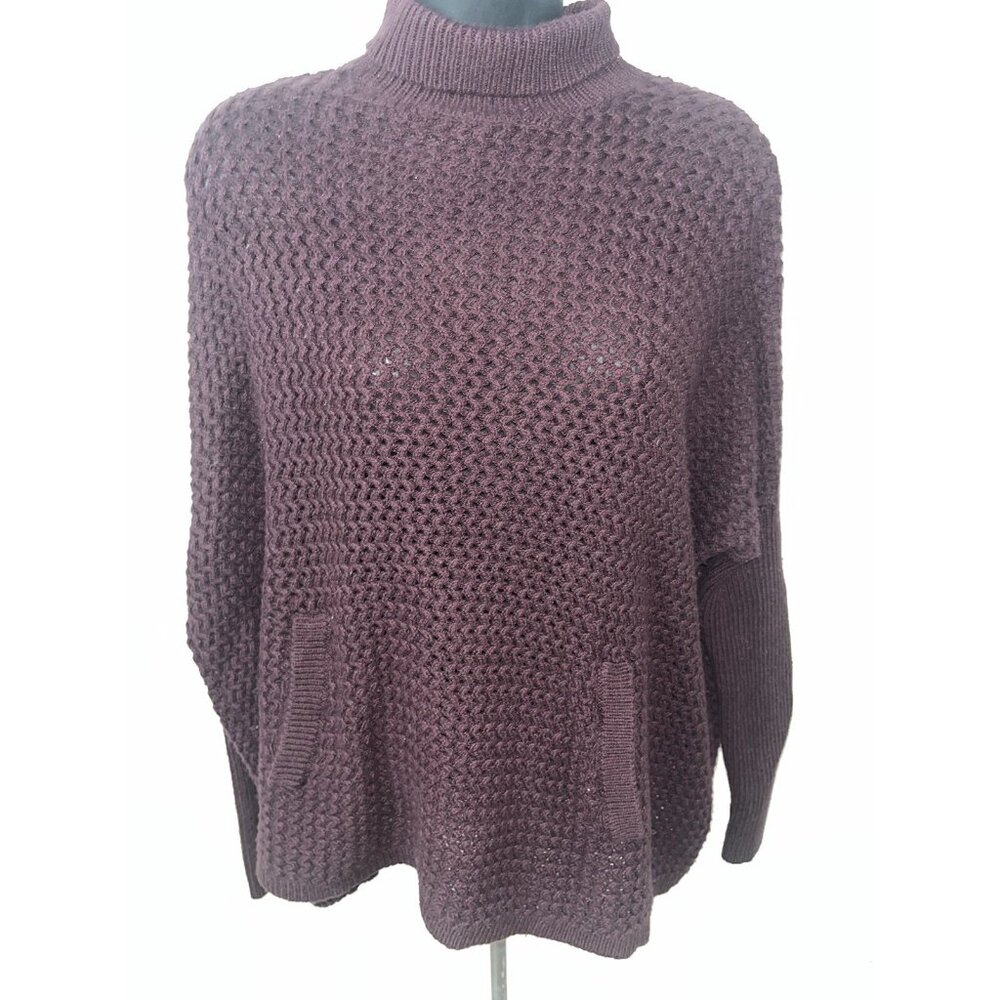 Cable Knit Turtle Neck pull over Sweater Women XL Maroon Hand Warmer Pocket